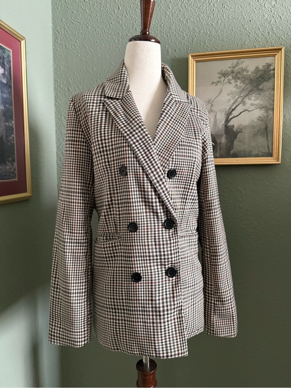 Princess Polly Double-Breasted Houndstooth Blazer in Brown and Black